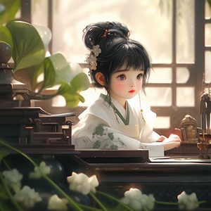 Chinese Style Girl in Study with Hyper-Detailed Chinese Painting Design