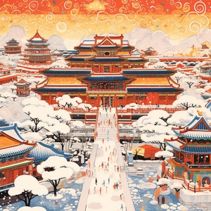 An abstract painting of colorful designs, The Forbidden City, snowing, josan gonzalez, Henry Matisse’s colors, Henry Matisse’s lithograph, storybook illustration, close-up, Chinese folk New Year elements, two-point perspective, ultrafine detail ar 3:4 v 5.2