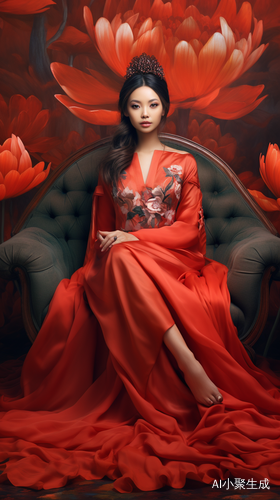 红色连衣长裙东方美女，花卉超现实拍照背景