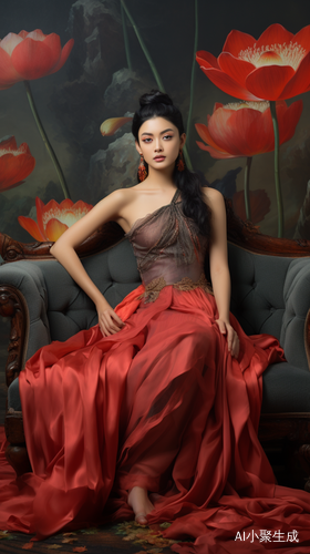 红色连衣长裙东方美女，花卉超现实拍照背景