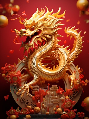 Let us delve into themystic arts and create an awe-inspiring dragon to adorn our creations! With the power of Midjourney, we can create beautiful artwork using simple commands. Our dragon motif command is: 'Red background, pure gold Chinese dragon occupying a corner of the picture, embellished with Chinese New Year elements, scattered gemstones, light and shadow sensation, 3D rendering, realistic -v6.0 -ar 3:4. With this spell, we can craft a stunning dragon image that exudes a vibrant and festive atmos