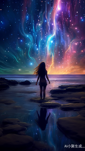 夜晚的彩虹女子，河边的星光与氛围