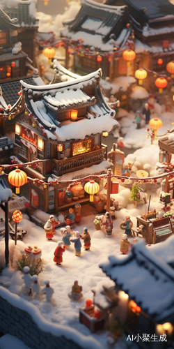 微缩粘土雪后中国新年店铺特写人群等距视图定格动画