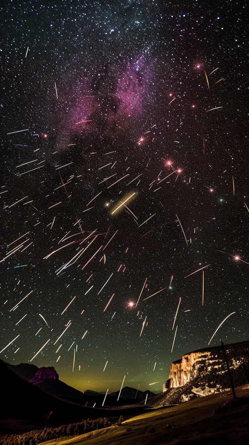 夜晚天空！, A breathtaking meteor shower illuminates the dark night sky, with countless shooting stars streaking across the horizon, creating trails of vibrant colors, wide-angle shot capturing the vastness of the celestial spectacle, realistic photographic style with a wide-angle lens