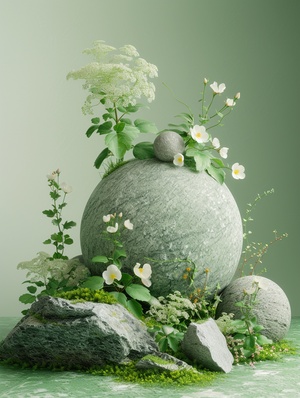 an isolated desktop photo with green rocks and flowering plants, in the style of igor zenin, soft and dreamy tones, creative commons attribution, spherical sculptures, serene and peaceful ambiance, pentax 645n, naive charm v 5.2