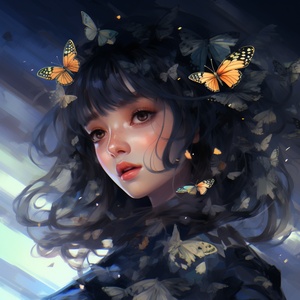 waist up.Black hair. Hair flying. Neat bangs, thick acrylic illustration on pixiv, extreme iridescent reflections, Overexposure, High Brightness, Shimmer Pearl, Stretch Action, Dark Background, Soft Focus, Bokeh, Chiaroscuro 8K, Best Quality, Ultra Detail. Butterfly Headwear. Butterfly Swirl. Mimicking Illustrator Nixeu's Painting