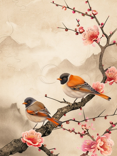 A sweet couple of orioles,blooming plum blossoms and floating auspicious clouds,traditional gossamer texture of silk,bright colors over a light beige warm tone,crafted in 8k resolution,suitable for astunning wallpaper