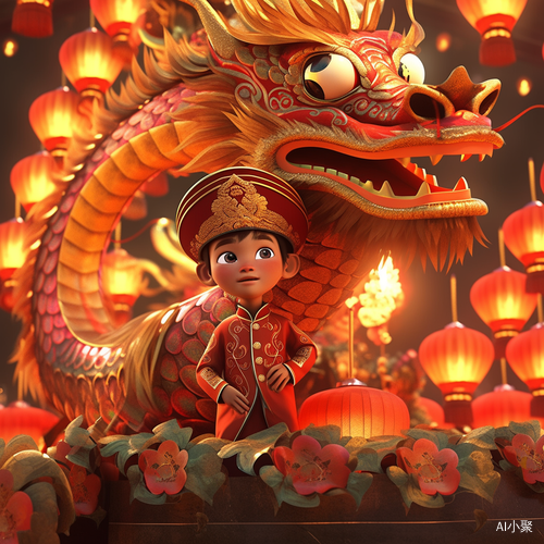 Asian Boy and Mother in Chinese Dragon Hat: Pixar Animation with Super Fine Details and Strong Light Effects