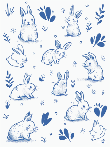 Cute Blue and White Line Sticker Set with Yu Nagaba's Rabbits and Delicacies