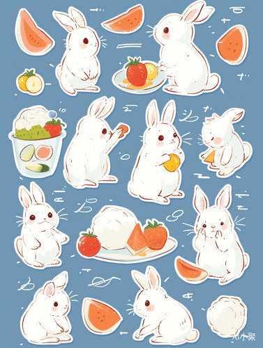 Cute Blue and White Line Sticker Set with Yu Nagaba's Rabbits and Delicacies