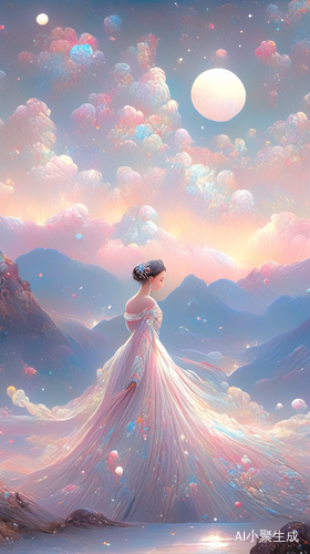 穿粉红色连衣裙的东方女孩俯瞰傍晚群山下的浪漫月光海景
