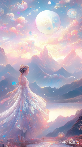 穿粉红色连衣裙的东方女孩俯瞰傍晚群山下的浪漫月光海景