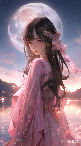 东方女孩俯瞰傍晚群山，彩色月亮与浪漫海景