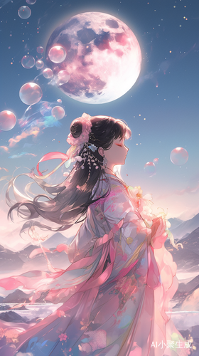 东方女孩俯瞰傍晚群山，彩色月亮与浪漫海景