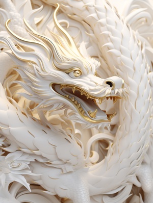 close-up,Chinese New Year, auspiciousDragon theme, abstract minimalist dragondesign, subtle gold on white, backgroundC4D OC render style, soft natural lighting,simple and elegant space. 完整的龙，一条龙。