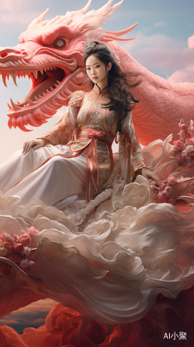 Enchanting Chinese Woman on a Dragon in Dreamlike Illustration