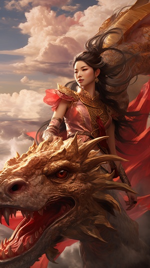 Enchanting Chinese Woman on a Dragon in Dreamlike Illustration