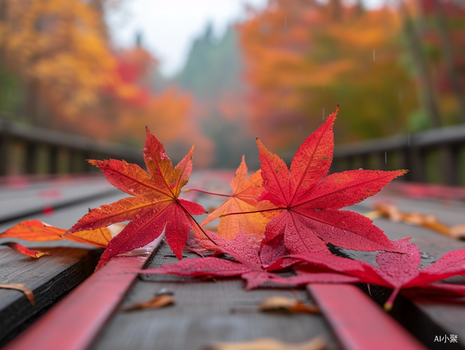 红色跑道上的清新枫叶景观