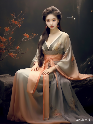 中国古典美女的汉服古装写真，灰色与橘色搭配的超真实超细腻画质