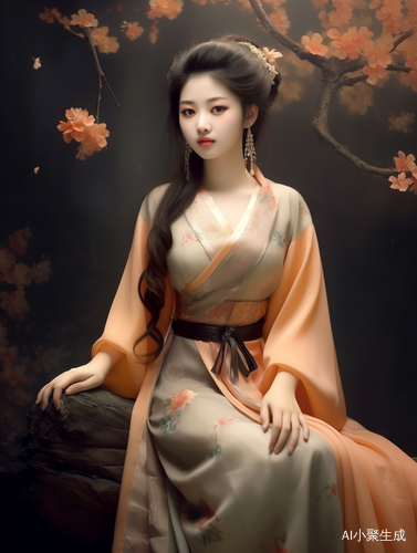 中国古典美女的汉服古装写真，灰色与橘色搭配的超真实超细腻画质