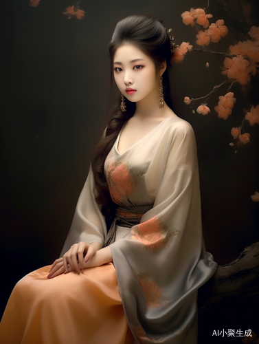 中国古典美女的汉服古装写真，灰色与橘色搭配的超真实超细腻画质