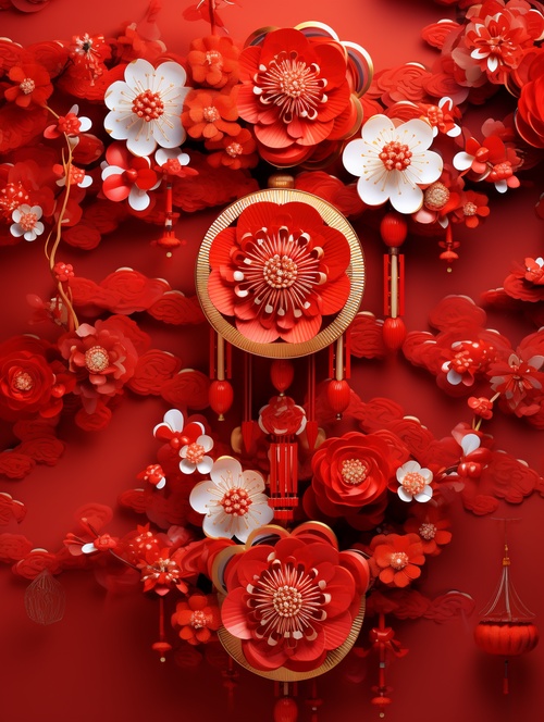 chinese style background combines traditional chinese art style with modern design, in the style of colorful textures, radiant clusters, lowell herrero, dark red, rebecca louise law, colorized, chinese new year festivities ar 3:4