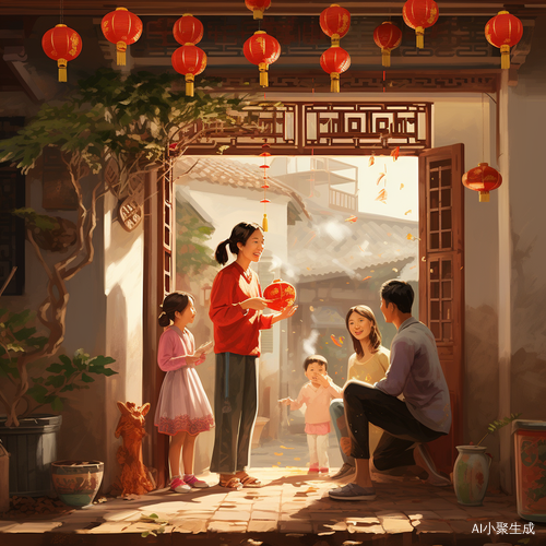 中国新年，农家小院，贴春联，欢乐氛围