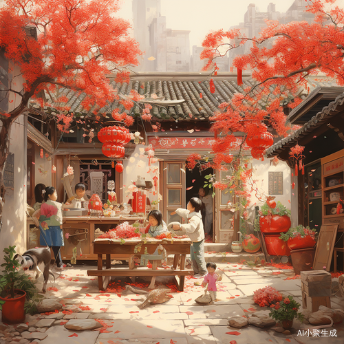 中国新年，农家小院，贴春联，欢乐氛围