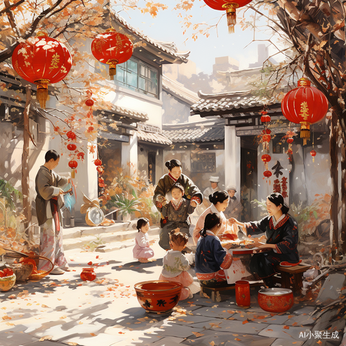 中国新年，农家小院，贴春联，欢乐氛围