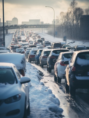 photograph of a highway with poor road conditions. There is a lot of snow and ice on the road. traffic jam. This image was captured with a Leica M Camera with a 80 mm lens. style raw