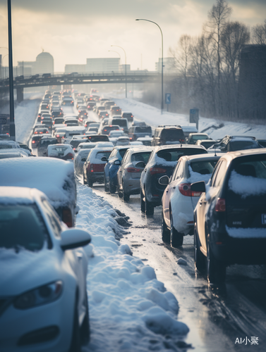 Highway Traffic Jam in Poor Road Conditions with Snow and Ice