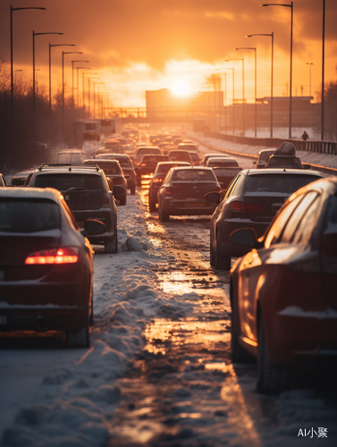 Highway Traffic Jam in Poor Road Conditions with Snow and Ice