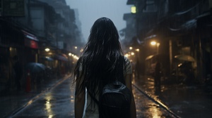 一个长发女人，在暴风雨中独自走在大街上。天空非常的阴暗，大雨打在脸上。