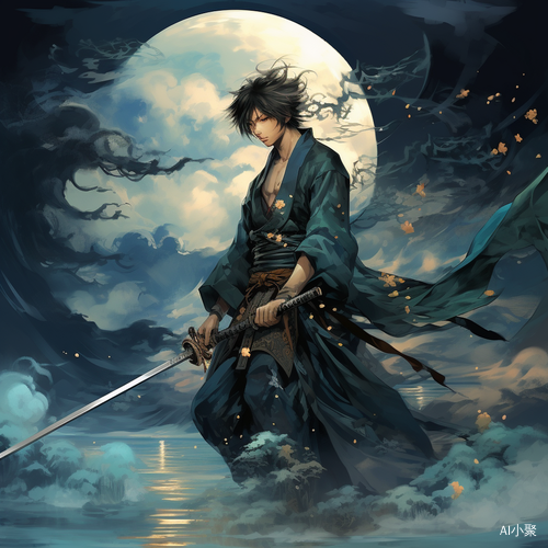 Ethereal Illustration of a Japanese Man with a Sword