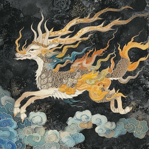 Mythical Beast from the Classic of Mountains and Seas - Chenghuang《山海经》中的神兽 - 城隍Keyword sharing: three-dimensional ancient style, exotic beasts from mountains and seas, looks like a deer, has horns on its back, its fur is yellow, wearing a colorful ribbon, flying into the sky, mainly cold colors, black, yellow, brown and blue, thick ink paint, texture matte关键词分享：立体古风，山海异兽，长得像鹿，背上有角，皮毛黄，系着五颜六色的缎带，飞向天空，以冷色为主，黑色、黄色、棕蓝，浓墨漆，质感哑光