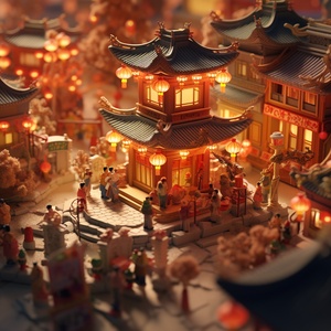 Miniature, clay, Chinese New Year town, isometric view, stop motion, shop, close-up, Chinese New Year lanterns, crowd, sunny, volumetric landscape, brush render, tilt move, 3D, super detail, ultra high definition🎈Painting style: CG