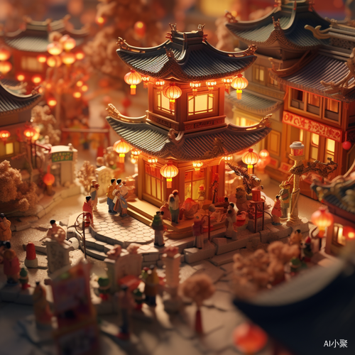 Miniature Chinese New Year Town in CG Painting Style