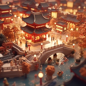 Miniature Chinese New Year Town in CG Painting Style