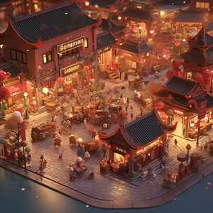 Miniature Chinese New Year Town in CG Painting Style