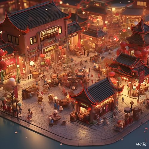 Miniature Chinese New Year Town in CG Painting Style