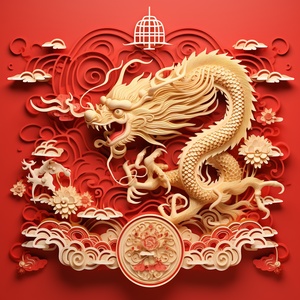 中国剪纸，红底花纹，金色巨龙腾飞，金色印章新年快乐，光影对比强烈，图案栩栩如生