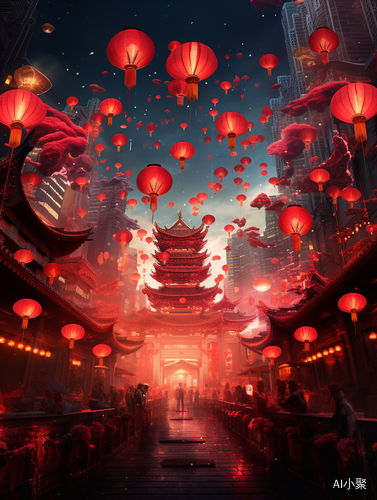 Chinese Lunar New Year Celebration with Red Lanterns, Cyberpunk, and Crystal Ball