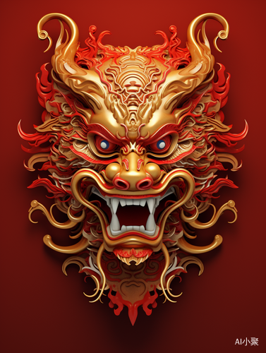 Chinese Dragon Head: Golden Strokes on Red Background