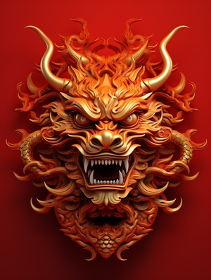 Chinese dragon head with golden strokes, set against a red background, in a festive style. V6.0 ar 9:16