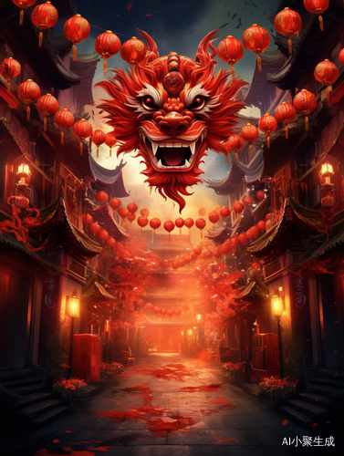 Chinese Dragon on Ancient Street with Red Lanterns
