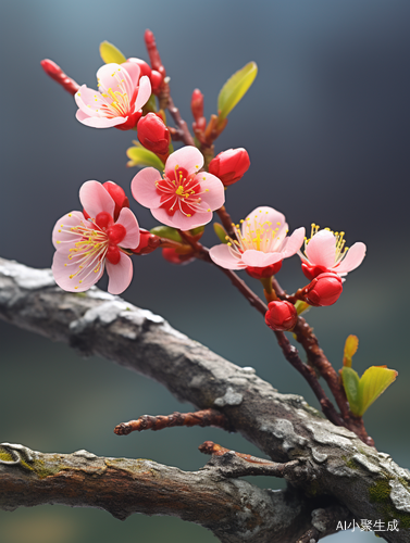 崖壁上枯木逢春的梅花树枝，花蕾含苞待放，花瓣水珠清晰可见的3D渲染