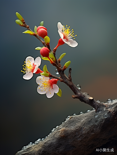 崖壁上枯木逢春的梅花树枝，花蕾含苞待放，花瓣水珠清晰可见的3D渲染