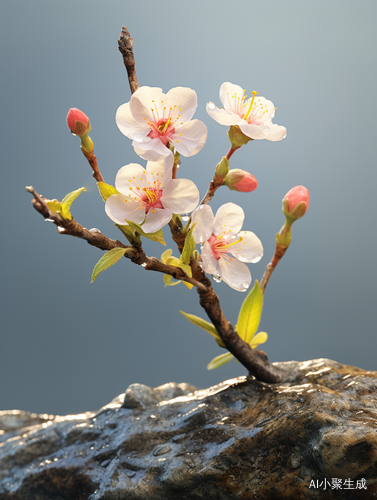 崖壁上枯木逢春的梅花树枝，花蕾含苞待放，花瓣水珠清晰可见的3D渲染