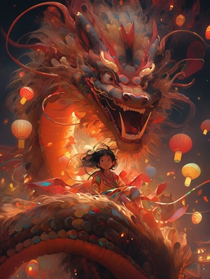 A Chinese dragon dances in the dark night sky, a chinese boy just sit on the body, and the New Year's fireworks bloom brightly around it,in style of Alex Alemany, ine details, color grading, 32K HD