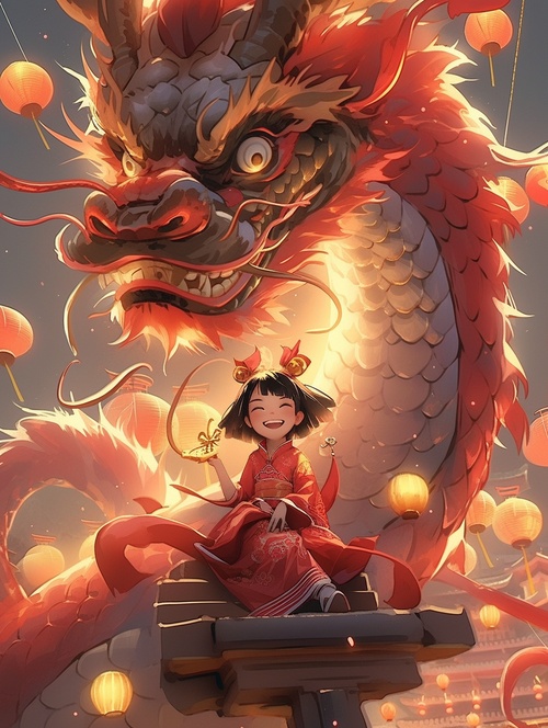 A Chinese dragon dances in the dark night sky, a chinese boy just sit on the body, and the New Year's fireworks bloom brightly around it,in style of Alex Alemany, ine details, color grading, 3D渲染， 32K HD